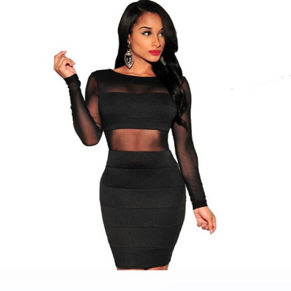 

xs-xxl bandage dress new winter black white dress long sleeve mesh patchwork hollow out pencil bodycon dress female dresses, Black;gray