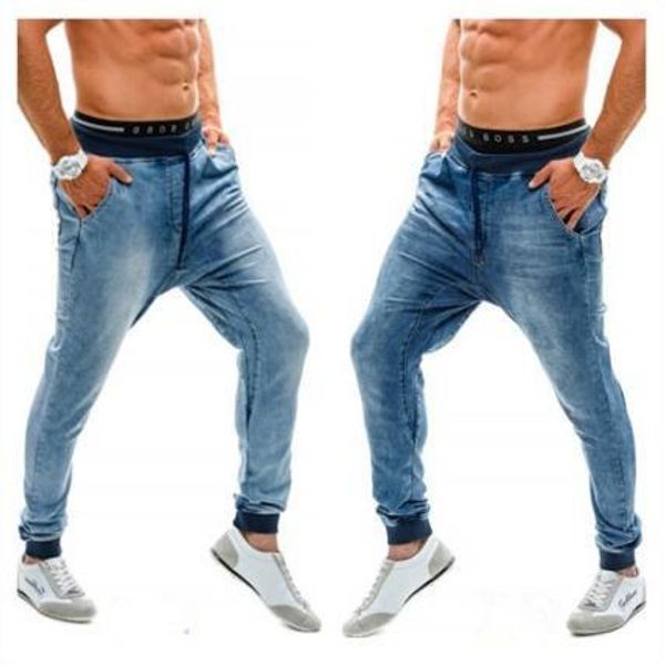 

new fashion style mens jeans elastic high waist jeans male europe and the united states loose jogging pants high quality, Blue