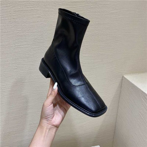 

soft pu leather mid-calf botines female sewing zipper bottes solid color square toe booties knight riding boots ladies shoes2020, Black