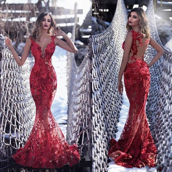 

Sexy Illusion Red Mermaid Evening Dresses Long Tony Chaaya 2020 Lace Appliqued Sheer V Neck Formal Prom Party Gowns See Through Dress