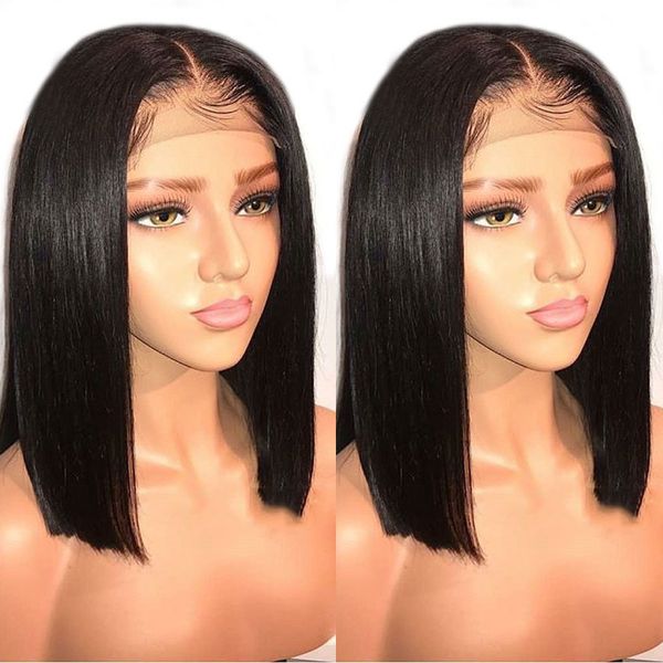 

13x4 straight bob lace front wigs pre plucked bleached knots glueless remy brazilian short human hair wigs, Black