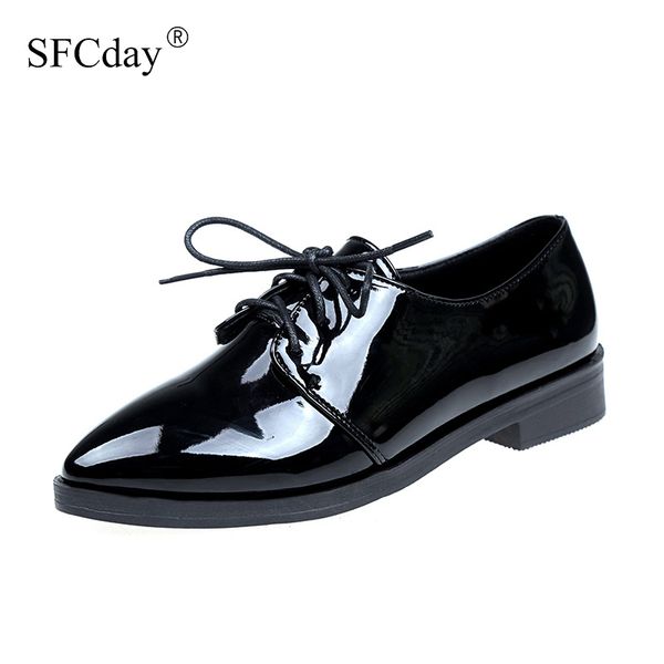 

new shoes woman low heel lace up pumps patent leather ladies pointed toe platform female fashion casual vintage women shoes, Black