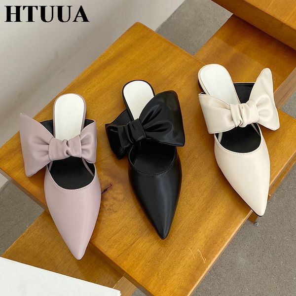 

htuua fashion close toe slippers women new 2020 autumn summer bow pointed toe mules shoes woman flat slides sx4185, Black