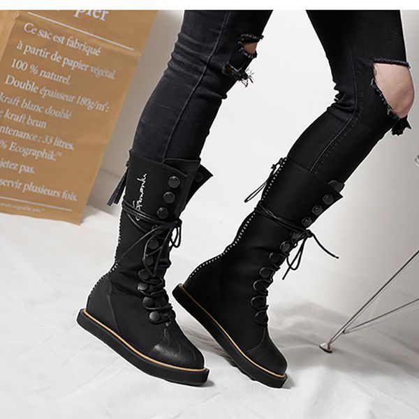 

mid calf boots hidden wedges 5cm martin boots platform women shoes black flat lace up fashion ladies gothic winter