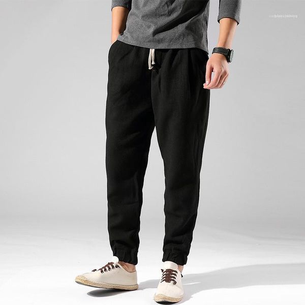 

male designer trousers mens solid color linen casual pants spring autumn retro loose lace up feet pants, Black