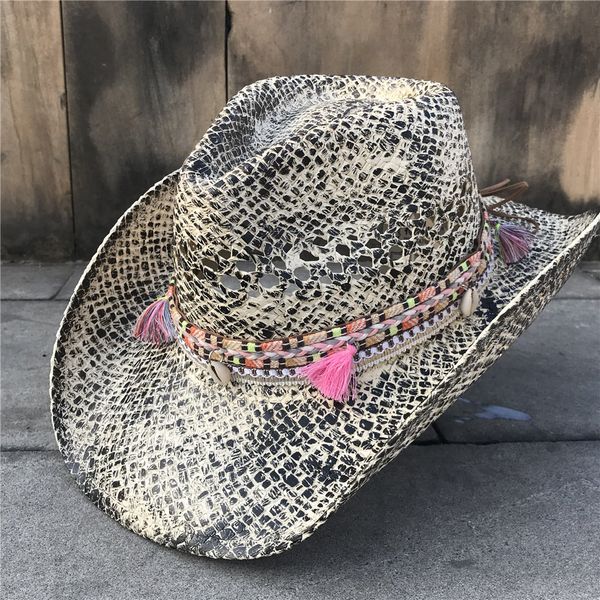 

women straw hollow western cowboy hat elegant lady tassel sombrero hombre hat fascinator sunbonnet cowgirl sun hat, Blue;gray