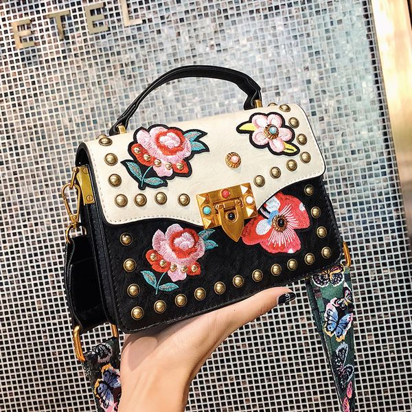 

drop shipping new fashion rivet pu leather messenger bag flower embroidery girls handbag ladies bags for women 2020 party clutch