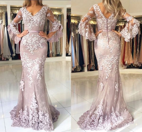 

blush pink 2019 новая мода кружева русалка пром платья v шеи длинные носить vestidos рукава backless элегантные вечерние платья вечерние, Black