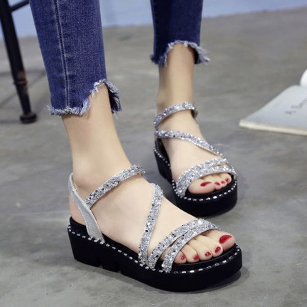 

sponge bottom sandals women summer new 2020 korean fashion thick bottom elastic band open toe rhinestone sweet student shoes, Black