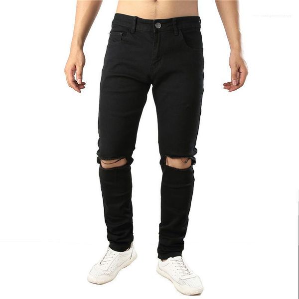 

мода дыры мужские брюки карандаш конструктор hip pop mens pantalon вскользь zipper stretch pants solid с, Black