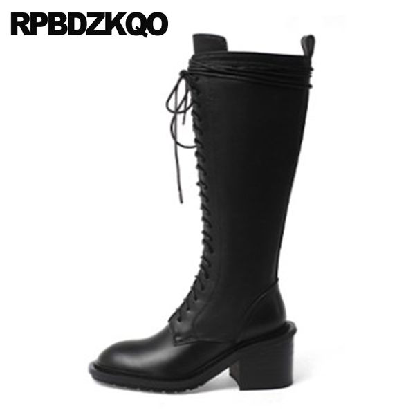 

boots high heel chunky real leather brand women winter genuine autumn round toe 2021 black lace up fall knee quality shoes short