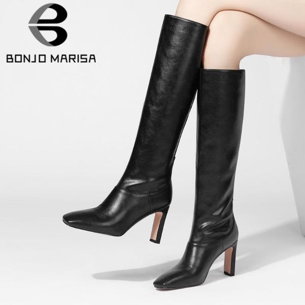 

bonjomarisa brand designer female winter boots square toe high heels mid calf boots women fashion party classic women shoes, Black