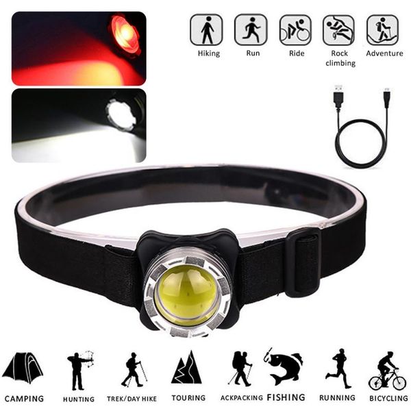 

super-bright cob led headlamp usb rechargeable headlight waterproof head white red light sos flash lamp convex lens
