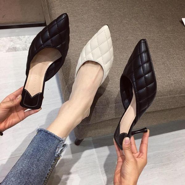 

ladies slippers slides cover toe slip on mules shoes woman pointed toe sewing design slippers thin high heels slides, Black