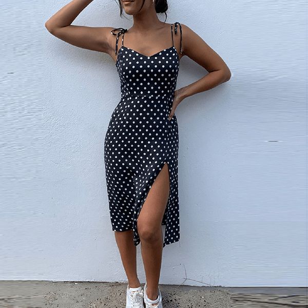 

dresses sundress summer women causal polka dot sleeveless high pleated elastic waist v-neck beach dress vestidos de verano kg-838, Black;gray