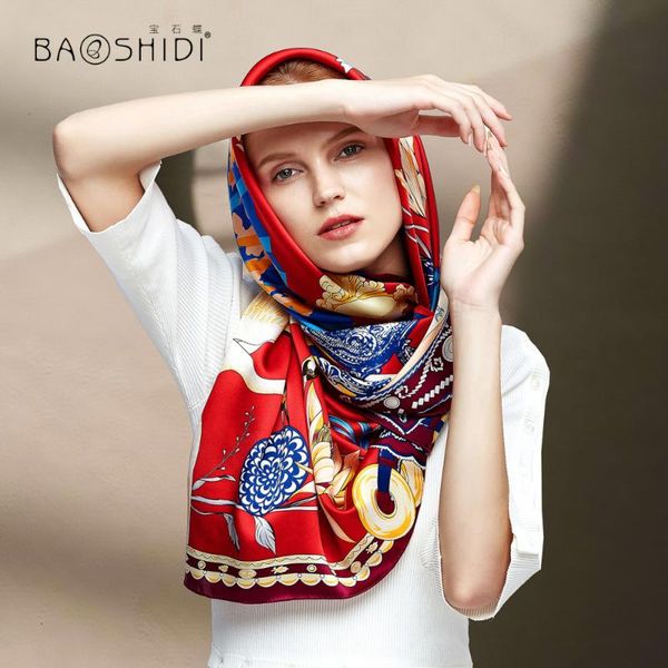 

baoshidi]2020 autumn new arrival, 16m/ 100% silk satin scarf,106*106 square scarves women,floral pattern design infinity shawl, Blue;gray