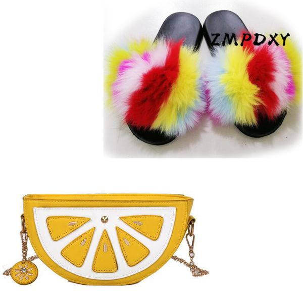 

kids/children's real fur slippers ladies fruit crossbody phone purse women fur slides modern shoulder bag shoes sets sandals, Black