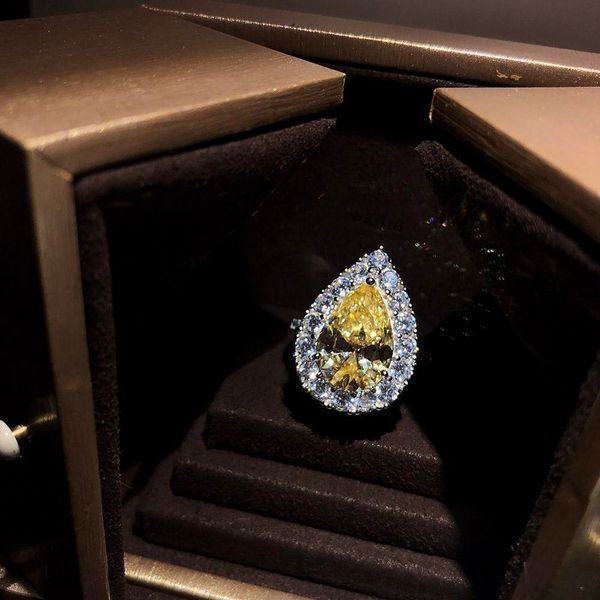 

S925 Sterling Silver noble Wedding ring Set Yellow cubic zirconia Ladies' rings Drop Twinkle Dance party Send a girlfriend Free shippin