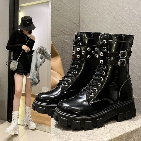 

platform patent leather boots new rivet women autumn punk motorcycle boots block heel gothic platform shoes women ankle, Black