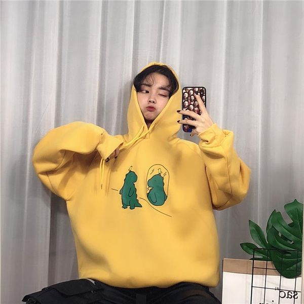 

spring harajuku hoodies sweatshirt women casual loose cartoon dinosaur print hooded fleece student oversized cute clothing, Black