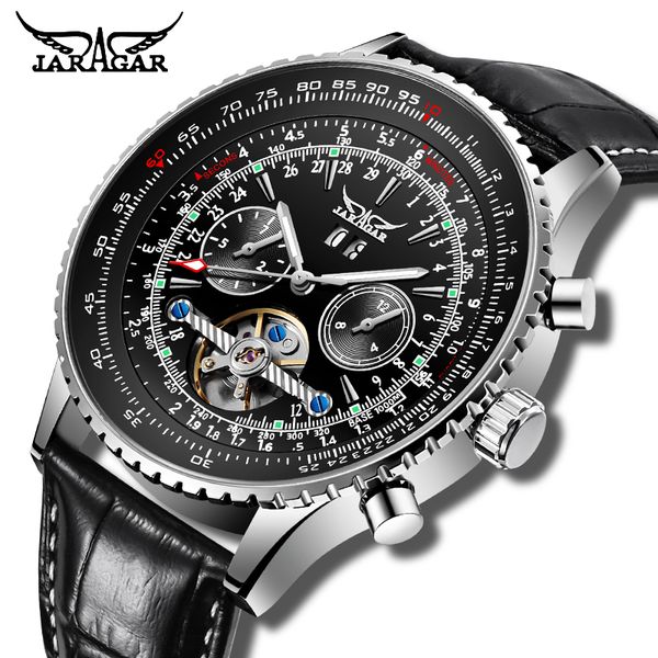 

men mechanical watch jaragar automatic men watches pilot style tourbillon calendar display black genuine leather sport clock, Slivery;brown