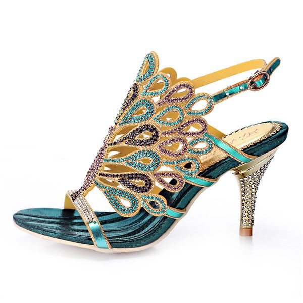

sheepskin high-heeled shoes summer 2020 diamond leather sandals women pumps rhinestone buckle design peacock color 2 style, Black