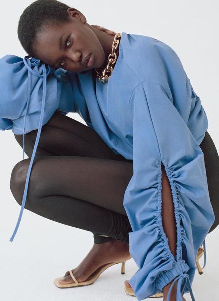 

2020 summer new korean fashion clothing lacing long sleeve shirt o-neck solid folds womens blue blouse, White