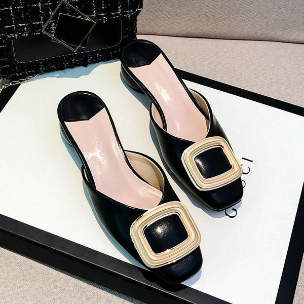 

large size 43 female retro slipper square head thick with mouth square buckle shallow mouth comfortable lazy slipper, Black
