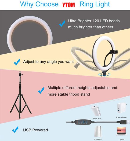 

10 selfie ring light with adjustable tripod stand phone holder 3 modes 10 brightness levels for vlogs live stream youtube