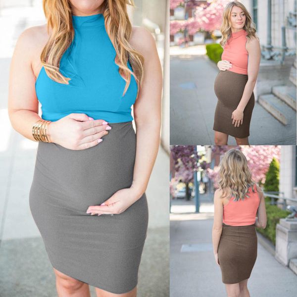 

women's pregnant round neck sleeveless hit color bodycon slim maternity dresses ladies pullover tank dress trip dress, White
