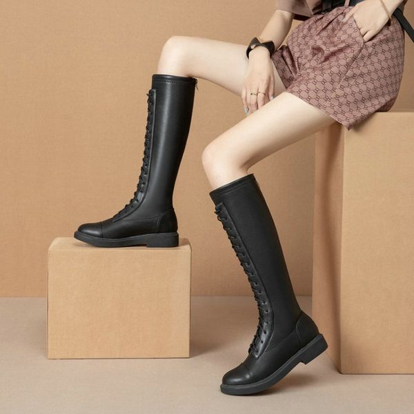 

boots sianie tianie 2021 black soft pu woman's riding equestrain lace-up cross tied low heels women knee high size 33-44