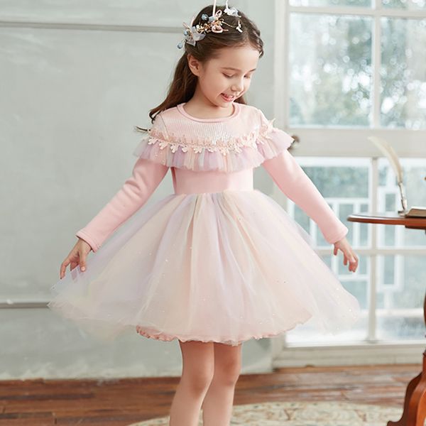 

children's clothes 2020 new autumn and winter girls dresses plus velvet keep warm princess dress long sleeved fluffy gauze dress, Red;yellow