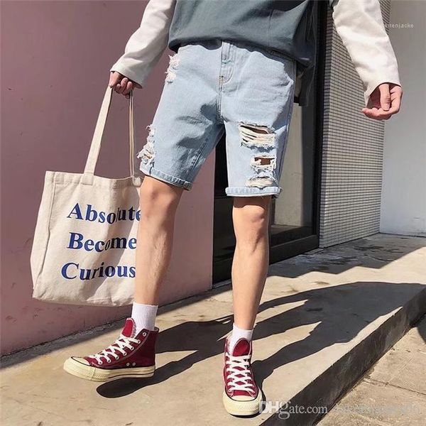 

summer loose straight fashion homme solid color jeans mens designer casual hole denim shorts, Blue