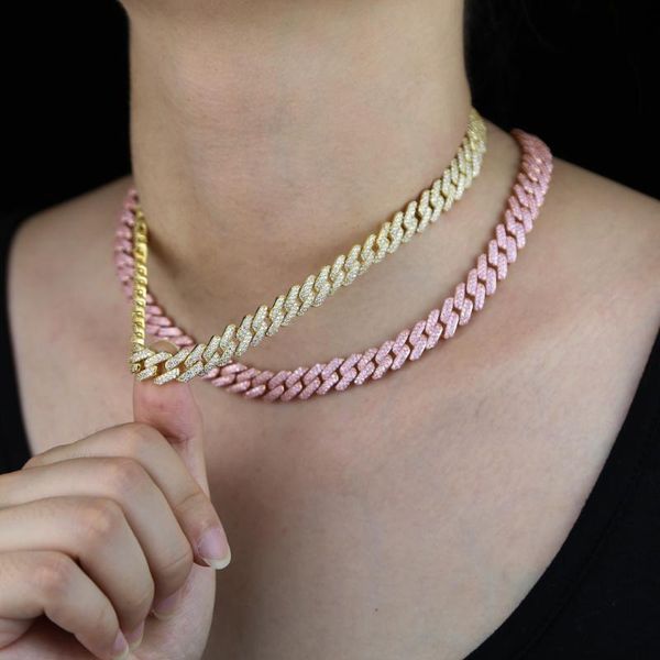 

white pink color iced out cz miami cuban link chain choker necklace for girls bling 5a cubic zirconia adjust slider choker chain, Silver