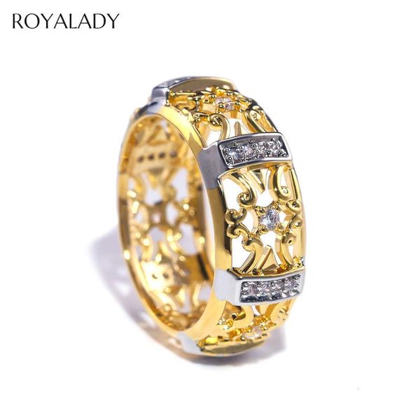 

elegant hollow flower shiny cubic zirconia rings for women lady gold silver color engagement wedding crystal band rings jewelry, Golden;silver