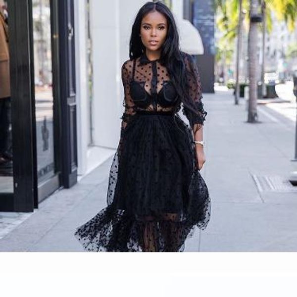 

women long sleeve polka dot mesh see through long sleeve dress ladies g-string evening midi dress party, Black;gray