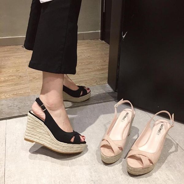 

black platform sandals 2020 summer strappy heels wedge velvet shoes suit female beige buckle open toe espadrilles ladies