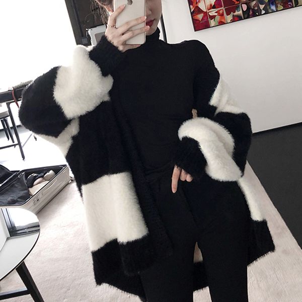 

2020 autumn new lantern sleeve black and white striped loose knit sweater open stitch women and knitted bottoming shirt