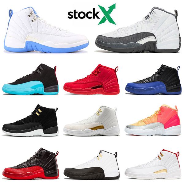 

mens jumpman xii 12 basketball shoes 12s punch gym red gamma blue dark grey fiba sports sneakers size 13, Black