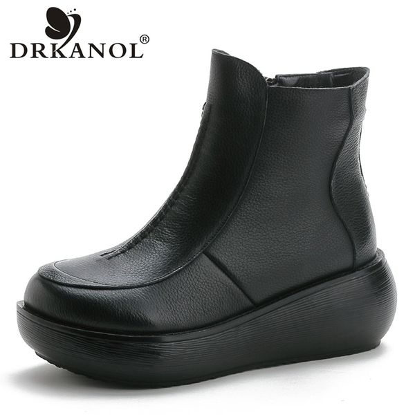 

boots drkanol 2021 women snow vintage genuine leather wedges ankle for warm shoes winter plush platform botas, Black