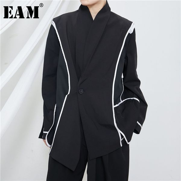 

[eam] women black split joint bandage blazer new v-collar long sleeve loose fit jacket fashion tide spring autumn 2020 1x941, White;black