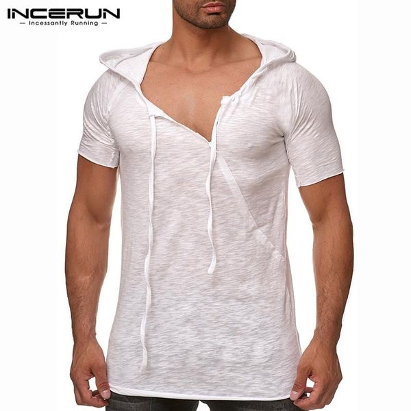 

wholesale fashion men t shirt hooded short sleeve casual asymmetric neck tee shirt men thin t-shirt hombre summer s-5xl, White;black