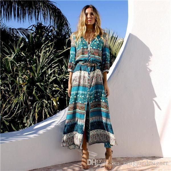 

long sleeve v neck floral printf holiday casual apparel button designer womens bohemian dresses summer, Black;gray