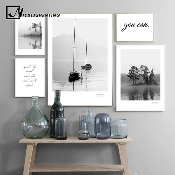 

scandinavian landscape canvas poster nordic style lake boat forest nature wall art print painting decoration pictures home decor
