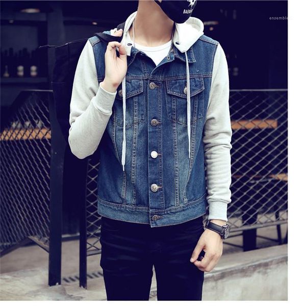 

pieces jacket for mens slim fit single breasted panelled jacket male daily coat denim fake two, Black;brown