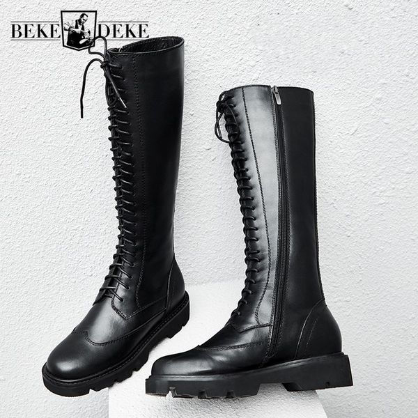 

women genuine leather fashion knee lace up thick platform flats winter fleece lining high knight riding boots, Black