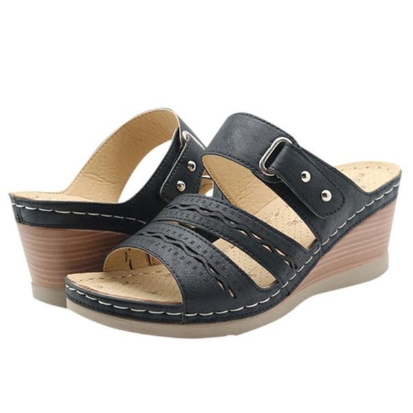 

fashion 2020 the sandals solid color thick bottom wedge heel round toe sandals beach shoes d2#2, Black