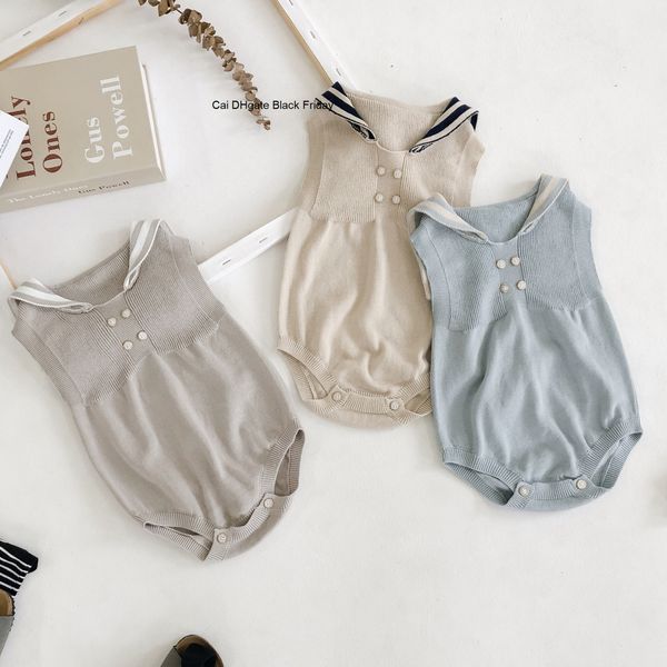 

newborn baby clothes summer knitted baby rompers sailor collar baby costume infant boys girls sleeveless jumpsuit cotton outfits, Blue