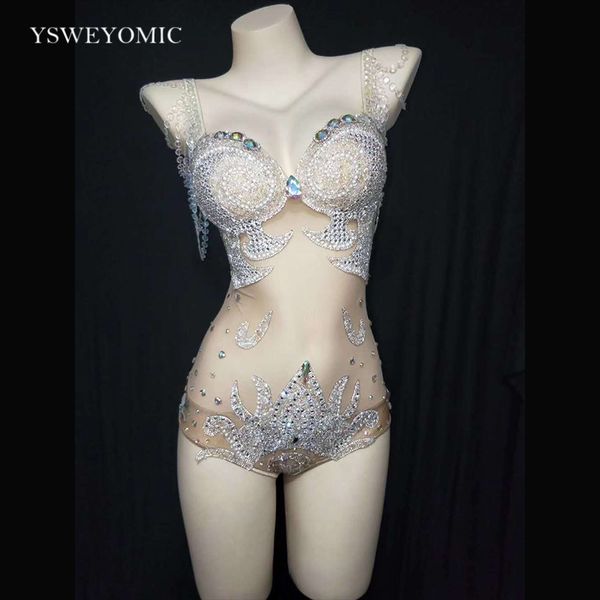 

mesh sparkly rhinestones pearl transparent bodysuit white headdress women dancer bar show outfit prom birthday party outfit set, Black;red