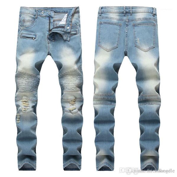 

blue straight trousers mens modern slim long distrressed jeans fashion male clothing designer fold light